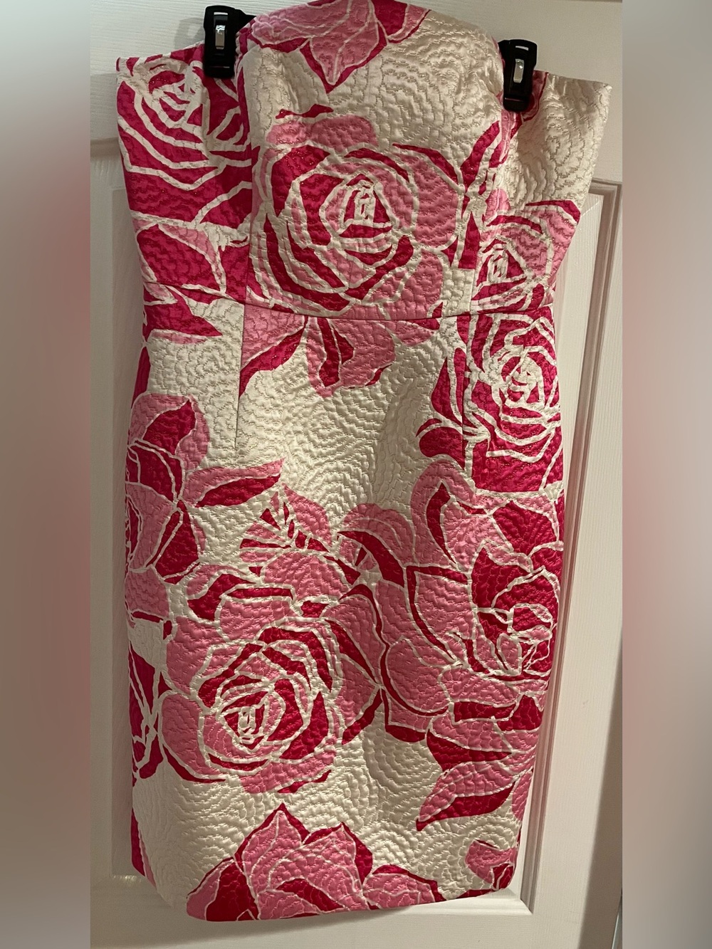 Lilly Pulitzer Strapless Jacquard Dress in Cream and Hot Pink Rose Print